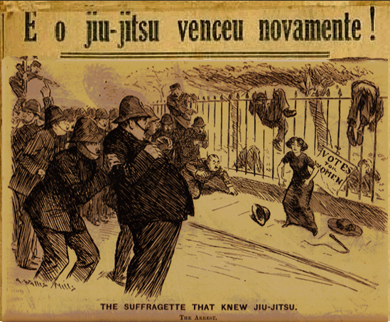 I blended the classic suffragette cartoon with a historic Brazilian newspaper reading "Jiu-Jitsu Wins Again!" in Portuguese.
