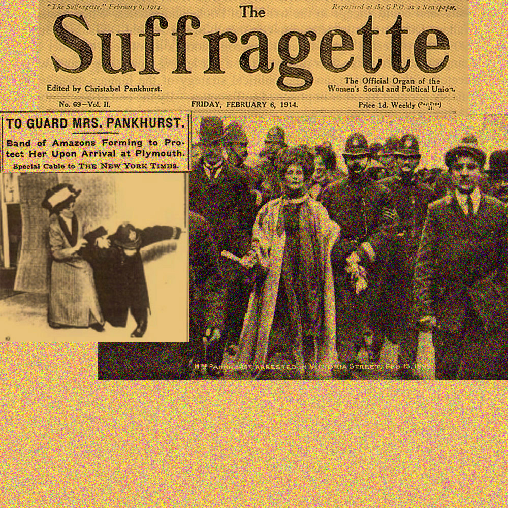 That's Edith Garrud on the left, Emmeline Pankhurst on the right, and some actual text from the New York Times and a suffragist publication.
